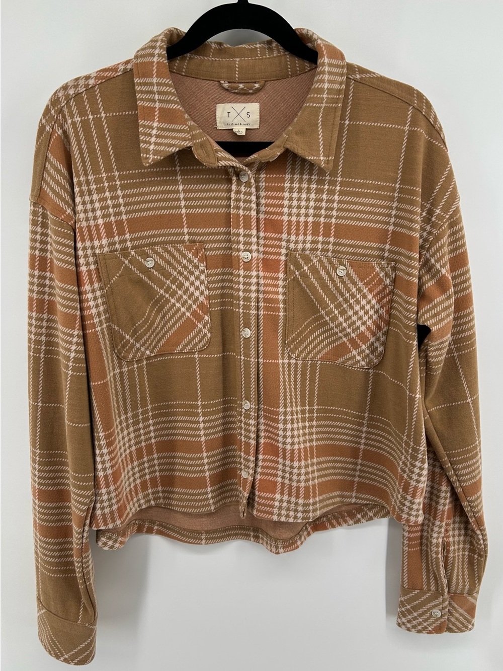 Thread & Supply TXS Tan Cream Plaid Cropped Shacket Shirt Size L Cozy Normcore